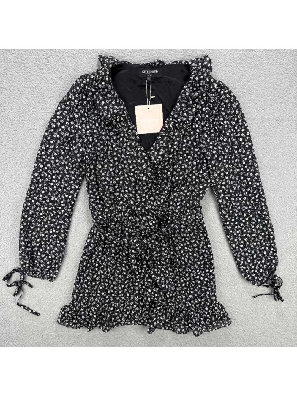 Kittenish Dress Womens Large Black White Hayley Floral Ruffle Belted Long Sleeve